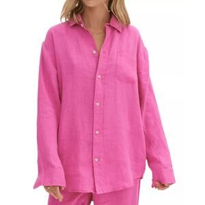 Desmond & Dempsey Women Pink Linen Lounge Oversize Button Down Shirt Size S